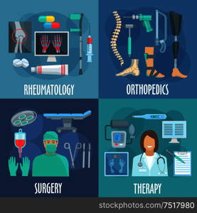 Surgery, therapy, orthopedic and rheumatology icons with flat symbols of doctors, operation table and surgery tools, checkup form and thermometer, x ray scan, medicines and crutch, prosthetic leg, bandage, spine and instruments. Surgery, therapy, orthopedic, rheumatology icons