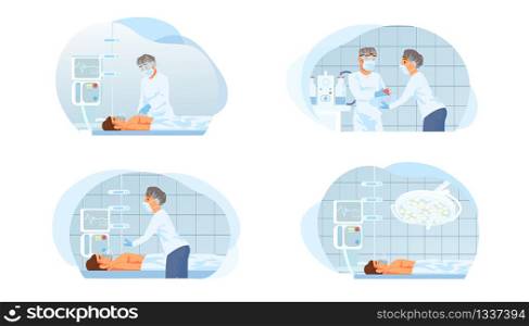 Surgical Operation in Hospital Cartoon Vector Set Isolated on White Background. Nursery Assisting Surgeon Who Performing Heart Transplantation, Patient Under Influence of Anesthesia Illustration