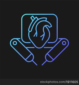 Surgical robot gradient vector icon for dark theme. Remote manipulation by surgeon. Robotic-assisted surgical procedure. Thin line color symbol. Modern style pictogram. Vector isolated outline drawing. Surgical robot gradient vector icon for dark theme