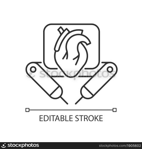 Surgical robot linear icon. Remote manipulation by surgeon. Robotic-assisted surgical procedure. Thin line customizable illustration. Contour symbol. Vector isolated outline drawing. Editable stroke. Surgical robot linear icon