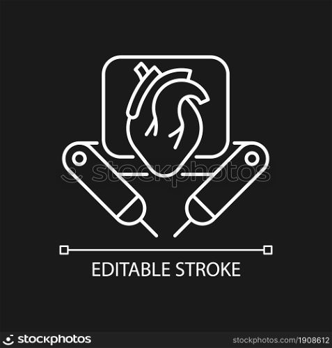 Surgical robot white linear icon for dark theme. Remote manipulation. Robotic-assisted procedure. Thin line customizable illustration. Isolated vector contour symbol for night mode. Editable stroke. Surgical robot white linear icon for dark theme