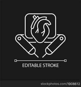 Surgical robot white linear icon for dark theme. Remote manipulation. Robotic-assisted procedure. Thin line customizable illustration. Isolated vector contour symbol for night mode. Editable stroke. Surgical robot white linear icon for dark theme