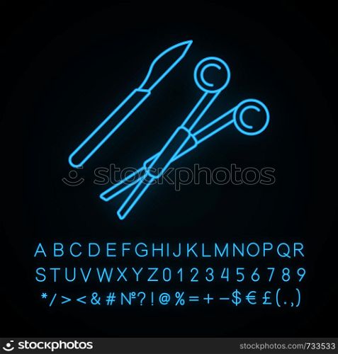Surgical scalpel and clamp neon light icon. Surgical tools. Surgery instruments. Glowing sign with alphabet, numbers and symbols. Vector isolated illustration. Surgical scalpel and clamp neon light icon