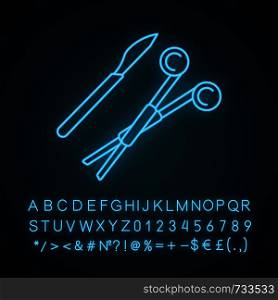 Surgical scalpel and clamp neon light icon. Surgical tools. Surgery instruments. Glowing sign with alphabet, numbers and symbols. Vector isolated illustration. Surgical scalpel and clamp neon light icon