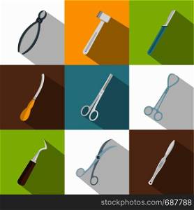Surgical tools icons set. Flat set of 9 surgical tools vector icons for web with long shadow. Surgical tools icons set, flat style