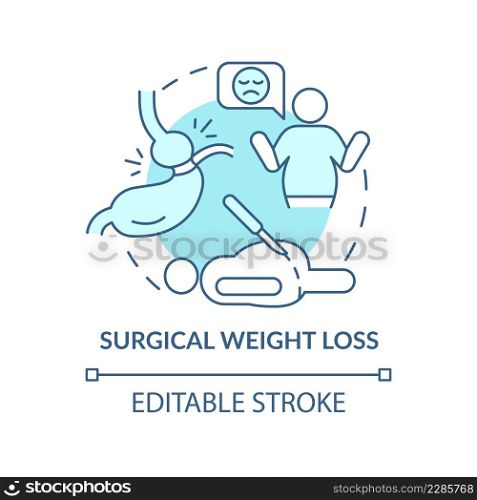 Surgical weight loss turquoise concept icon. Bariatric surgery. Medical center abstract idea thin line illustration. Isolated outline drawing. Editable stroke. Arial, Myriad Pro-Bold fonts used. Surgical weight loss turquoise concept icon
