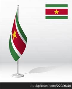 SURINAM flag on flagpole for registration of solemn event, meeting foreign guests. SURINAME National independence day. Realistic 3D vector on white