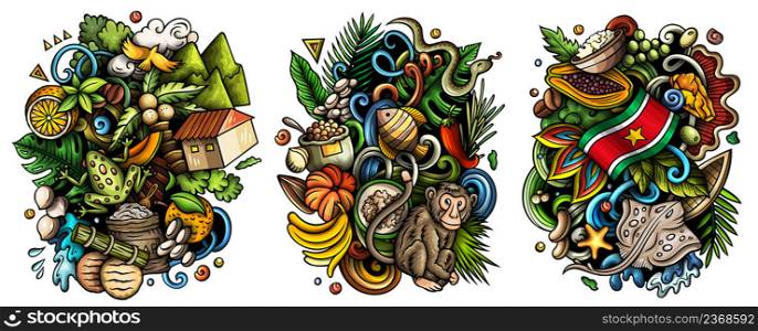 Suriname cartoon vector doodle designs set. Colorful detailed compositions with lot of traditional symbols. Isolated on white illustrations. Suriname cartoon vector doodle designs set.