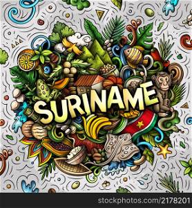 Suriname hand drawn cartoon doodle illustration. Funny local design. Creative vector background. Handwritten text with Latin American elements and objects. Colorful composition. Suriname hand drawn cartoon doodle illustration. Funny local design.
