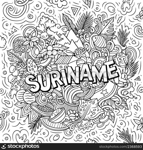 Suriname hand drawn cartoon doodle illustration. Funny local design. Creative vector background. Handwritten text with Latin American elements and objects.. Suriname hand drawn cartoon doodle illustration.