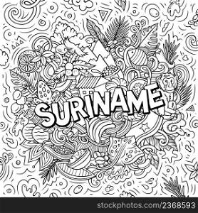 Suriname hand drawn cartoon doodle illustration. Funny local design. Creative vector background. Handwritten text with Latin American elements and objects.. Suriname hand drawn cartoon doodle illustration.
