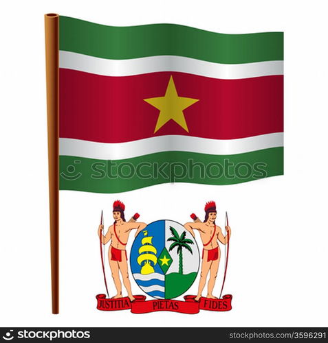 suriname wavy flag and coat of arm against white background, vector art illustration, image contains transparency