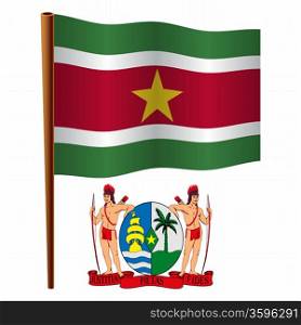 suriname wavy flag and coat of arm against white background, vector art illustration, image contains transparency