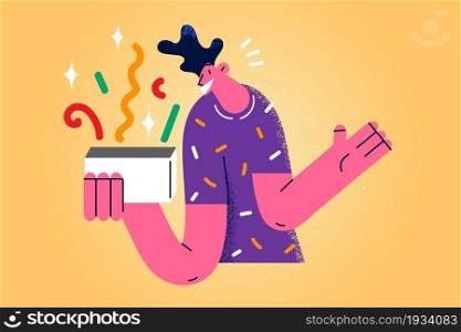 Surprise and feeling amazed concept. Young smiling boy man cartoon character standing looking at box with colorful surprise feeling amazed vector illustration . Surprise and feeling amazed concept.