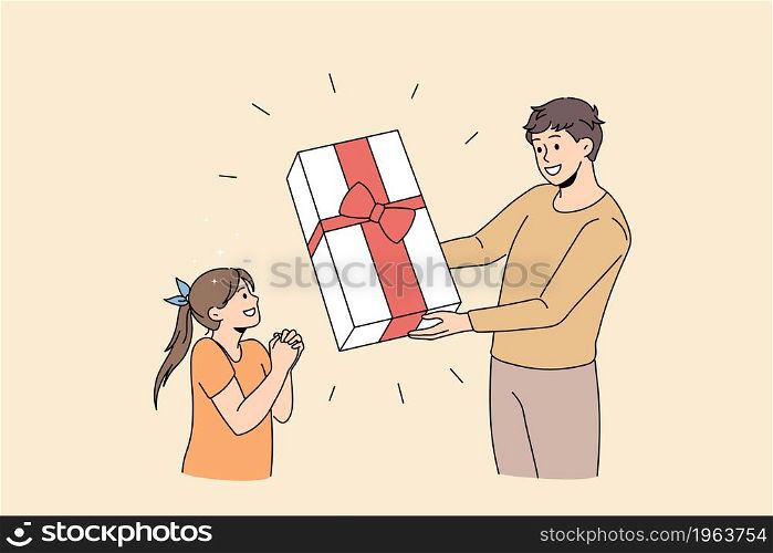 Surprise and holiday present concept. Smiling young man father standing and giving huge present box with ribbon for his surprised daughter vector illustration . Surprise and holiday present concept.