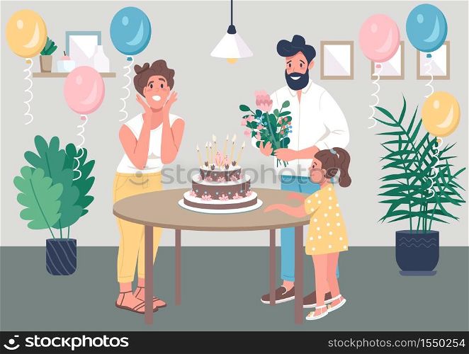 Surprise bday party flat color vector illustration. Husband and daughter congratulate mom. Celebrate anniversary together. Happy family 2D cartoon characters with interior on background. Surprise bday party flat color vector illustration