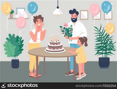 Surprise bday party flat color vector illustration. Husband and daughter congratulate mom. Celebrate anniversary together. Happy family 2D cartoon characters with interior on background. Surprise bday party flat color vector illustration
