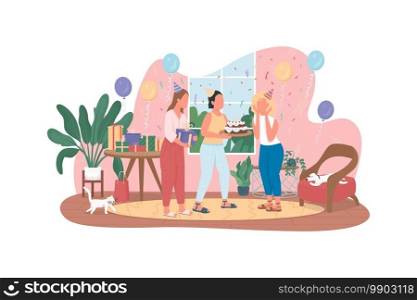 Surprise birthday party 2D vector web banner, poster. Happy girl friends flat characters on cartoon background. Women celebrate holiday at home printable patch, colorful web element. Surprise birthday party 2D vector web banner, poster