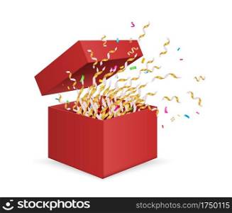 Surprise box. Opening gift box with confetti. Vector Christmas, Birthday, anniversary present isolated on white background. Illustration gift to birthday, package surprise christmas, box with ribbons. Surprise box. Opening gift box with confetti. Vector Christmas, Birthday, anniversary present isolated on white background