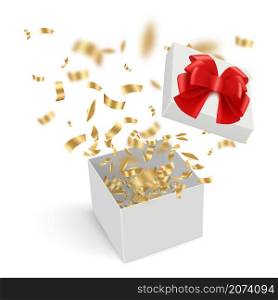 Surprise boxes. Opened gift cardboard containers with explode confetti ribbons decent vector realistic template. Illustration gift surprise, birthday celebration explosion confetti. Surprise boxes. Opened gift cardboard containers with explode confetti ribbons decent vector realistic template