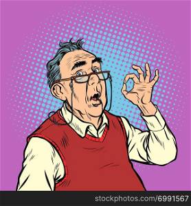 surprise elderly man with glasses okay gesture. Pop art retro vector illustration vintage kitsch. surprise elderly man with glasses okay gesture