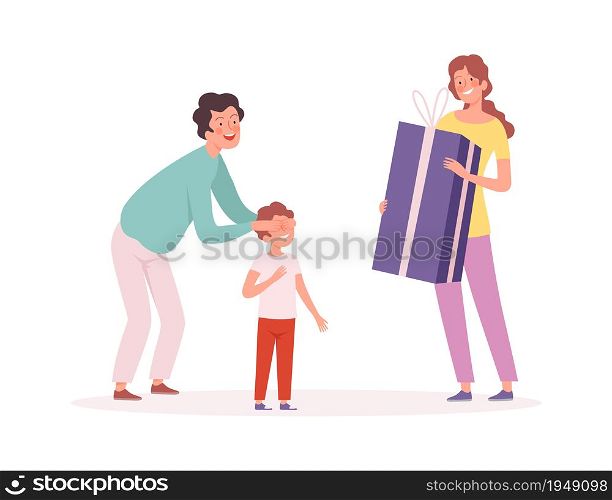 Surprise for child. Boy birthday, parents with gift for little son. Isolated family party vector illustration. Birthday childhood, present little gift, son surprise. Surprise for child. Boy birthday, parents with gift for little son. Isolated family party vector illustration