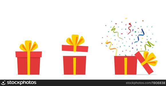 Surprise gift boxes. Opened gift box with confetti. Present boxes. Template design for birthday celebration event, presents, Christmas. Vector illustration in flat style. Surprise gift boxes