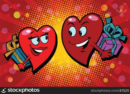 Surprise gifts Valentine heart. pop art retro comic book illustration. Valentines day red hearts. Love couple male and female character. Surprise gifts Valentine heart