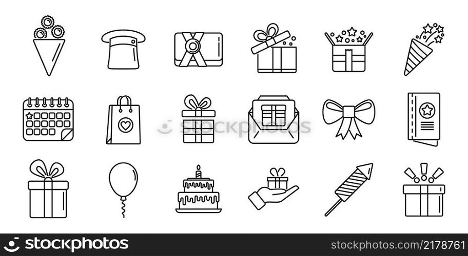 Surprise icons set outline vector. Gift box. Birthday present. Surprise icons set outline vector. Gift box