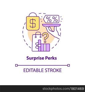 Surprise perks concept icon. Pleasant gift for client abstract idea thin line illustration. Happy buyer. Regular presents and benefits. Vector isolated outline color drawing. Editable stroke. Surprise perks concept icon