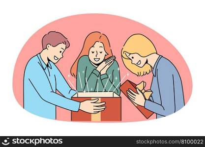 Surprise present and gift concept. Group of smiling cheerful excited people friends standing opening surprise box with magic inside vector illustration. Surprise present and gift concept