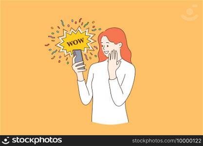 Surprise, shocking news, internet concept. Young smiling female blogger reading shocking news in message on mobile phone using network connection on smartphone with emotional wow word. Surprise, shocking news, internet concept