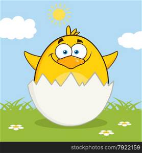 Surprise Yellow Chick Cartoon Character Out Of An Egg Shell