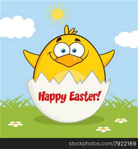 Surprise Yellow Chick Cartoon Character Out Of An Egg Shell