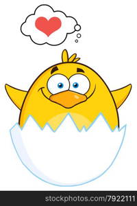 Surprise Yellow Chick Cartoon Character Out Of An Egg Shell With Speech Bubble With Heart