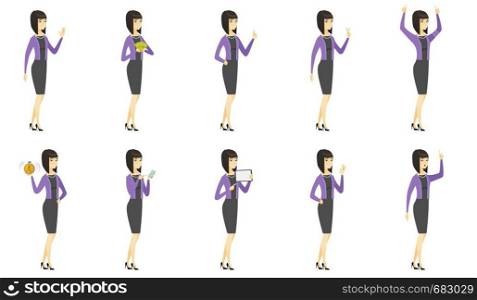 Surprised asian business woman with open mouth pointing finger up. Young business woman with open mouth came up with creative idea. Set of vector flat design illustrations isolated on white background. Vector set of illustrations with business people.