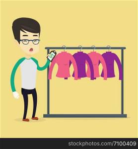 Surprised asian man looking at price tag in clothing store. Young shopping man shocked by price tag in clothing store. Amazed man staring at price tag. Vector flat design illustration. Square layout.. Man shocked by price tag in clothing store.
