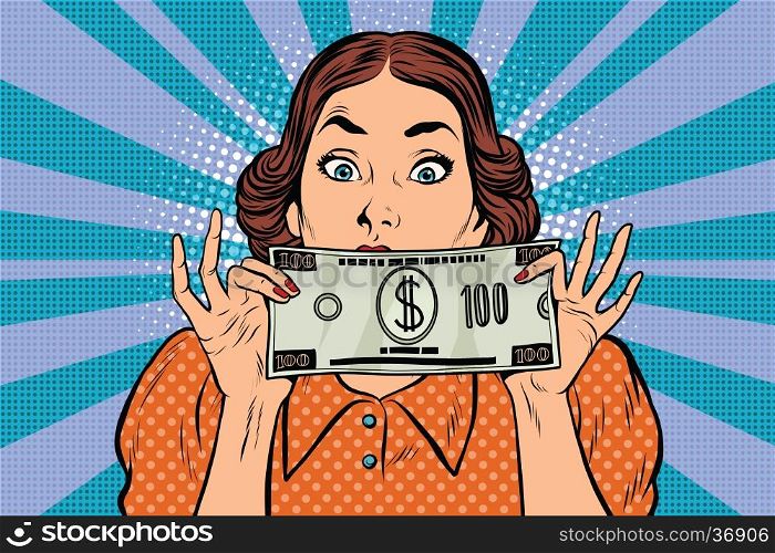 Surprised beautiful retro woman, banknote hundred dollars, pop art vector illustration