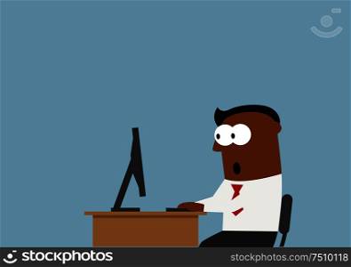 Surprised black businessman goggled at the desktop monitor with wide opened eyes. Surprised businessman goggled eyes at the monitor