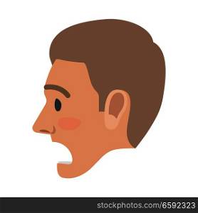 Surprised brown-haired man face icon. Male head in profile view with open mouth and raised eyebrows flat vector isolated on white background. Human emotions illustration for people infographics. Surprised Man Face Flat Vector Icon