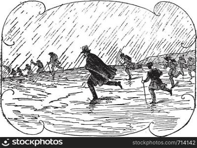 Surprised by the storm, vintage engraved illustration.