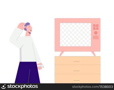 Surprised cartoon male watching tv news with transparent screen place for text or picture isolated on white. Astonished colorful man look on television announcement at home vector flat illustration. Surprised cartoon male watching tv news with transparent screen place for text isolated on white