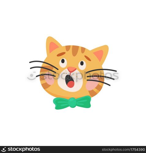 Surprised curious cat head isolated kitten face with green bow. Vector portrait of puzzled kitten in tiebow, muzzle of cartoon funny feline animal with whiskers, yard cat, playful curious mammal. Snout of cat in bow isolated kitten head portrait
