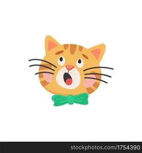 Surprised curious cat head isolated kitten face with green bow. Vector portrait of puzzled kitten in tiebow, muzzle of cartoon funny feline animal with whiskers, yard cat, playful curious mammal. Snout of cat in bow isolated kitten head portrait