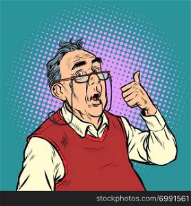 surprised elderly man with glasses thumb up like. Pop art retro vector illustration vintage kitsch. surprised elderly man with glasses thumb up like