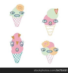 Surprised faces ice cream cone characters with various cookies clipart collection. Perfect for tee, stickers, posters. Psychedelic vector illustration set.