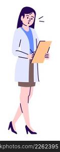 Surprised female laboratory worker semi flat RGB color vector illustration. Standing figure. Person with experience in archaeological field isolated cartoon character on white background. Surprised female laboratory worker semi flat RGB color vector illustration