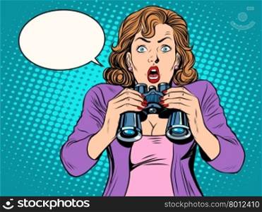 Surprised girl with binoculars pop art retro style. News shock information. . Surprised girl with binoculars