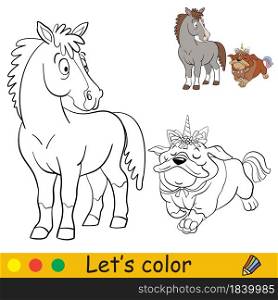 Surprised horse and dog in unicorn costume. Halloween concept. Coloring book page for children with colorful template. Vector cartoon illustration. For print, preschool education and game. Surprised horse and dog in unicorn costume