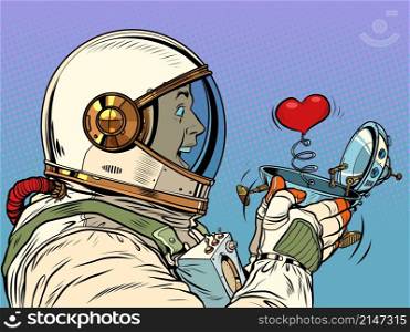 Surprised male astronaut looks at a red heart in a UFO flying ship box valentine surprise greeting, love romance. Pop Art Retro Vector Illustration 50s 60s Vintage kitsch Style. Surprised male astronaut looks at a red heart in a UFO flying ship box valentine surprise greeting, love romance